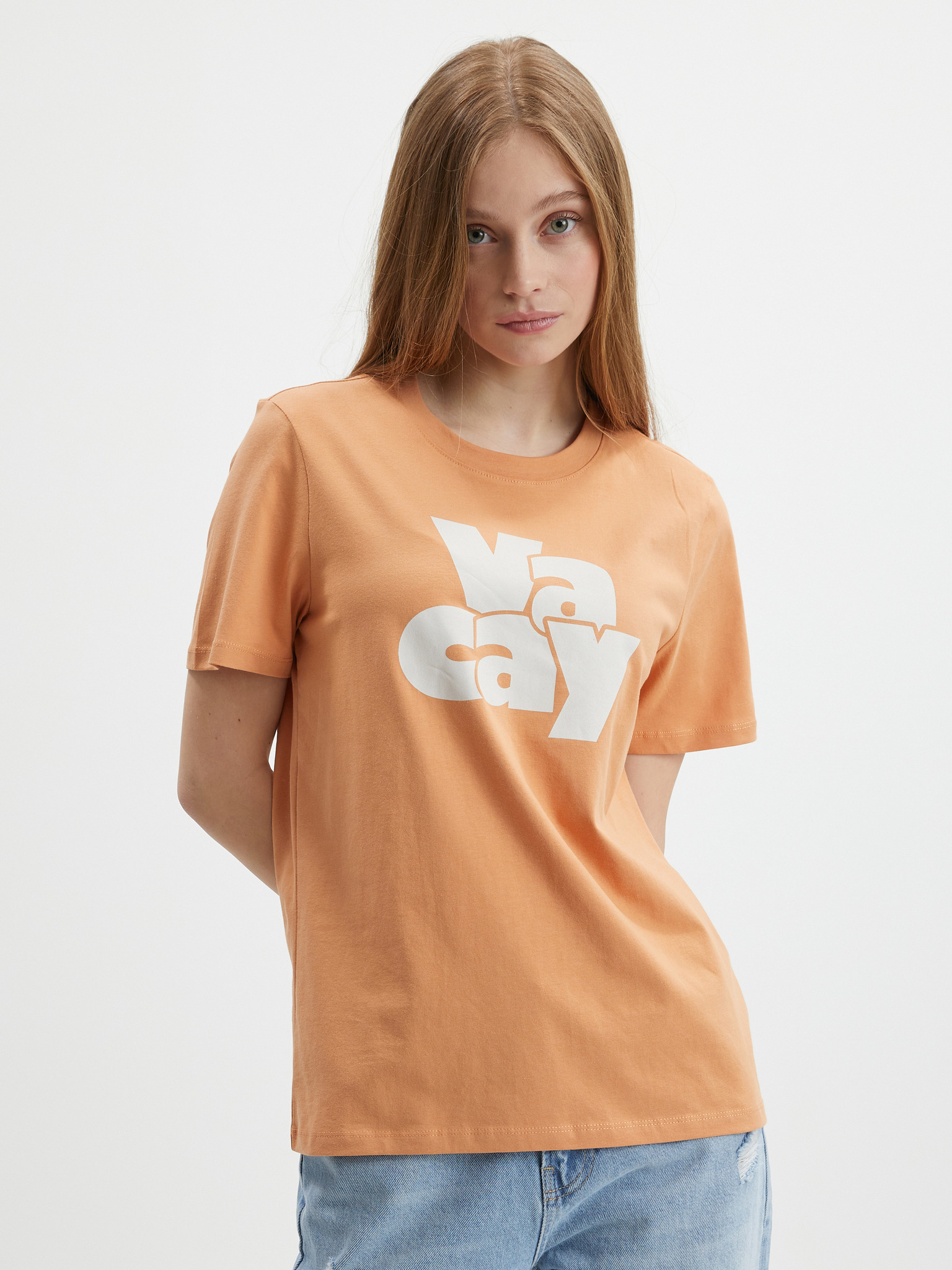 Fotografie Oranžové tričko s potiskem Pieces Tamaris - L