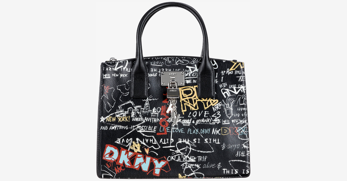 DKNY Elissa Pebbled Charm Iconic Black Graffiti/Silver Mini
